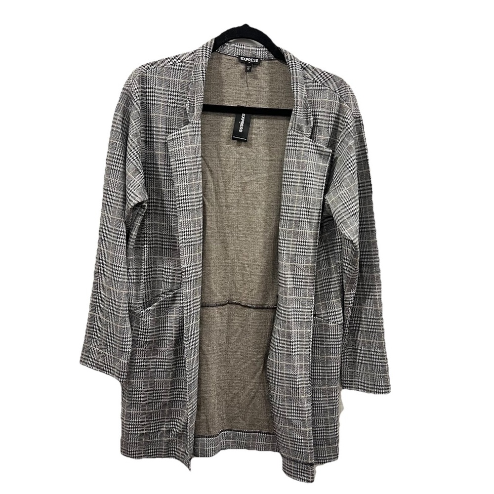 Express Plaid Long Blazer Cardigan Black Cream Houndstooth Size XS NWT